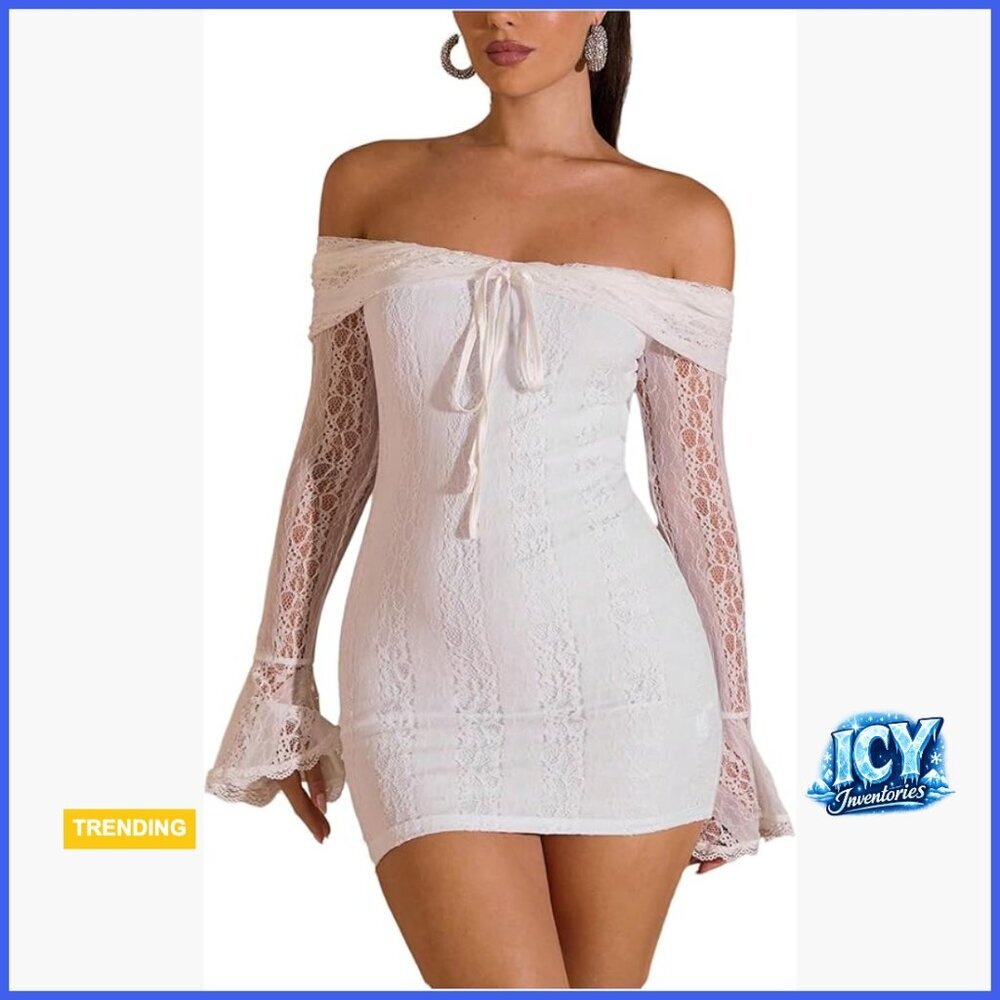 White Lace Off Shoulder Bodycon Mini Dress Long Sleeve